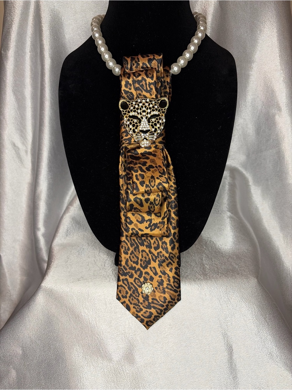 Leopard Print Satin Necklace Style Tie with Panther Brooch
